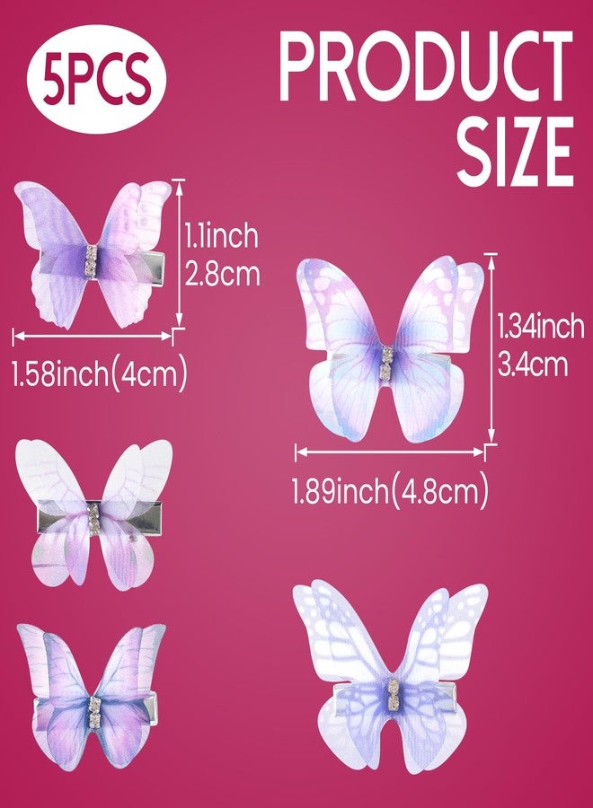 SmallCat 5pcs Butterfly Hair Barrettes for Women, 2 Sizes Gradient Purple Organza Bling Rhinestone Hair Clips, Cute Hairstylist Bow Pin Accessories for Daily, Wedding, Rave Party - Image 2
